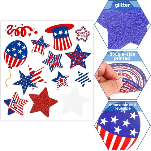 4th of July Window Clings Patriotic Window Clings Stickers Glitter Veterans Day Window Decals Patriotic Independence Day Decorations Red White Blue 6 Sheets in Saudi Arabia