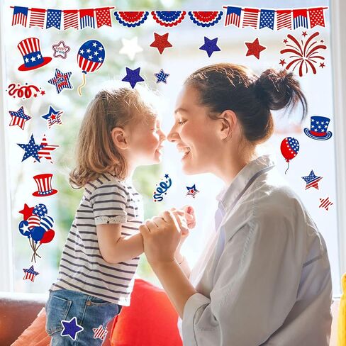 4th of July Window Clings Patriotic Window Clings Stickers Glitter Veterans Day Window Decals Patriotic Independence Day Decorations Red White Blue 6 Sheets in Saudi Arabia