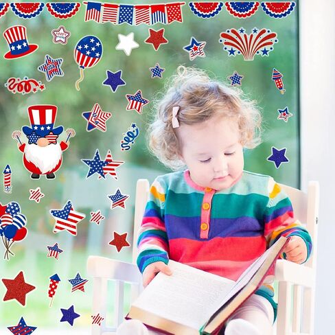 4th of July Window Clings Patriotic Window Clings Stickers Glitter Veterans Day Window Decals Patriotic Independence Day Decorations Red White Blue 6 Sheets in Saudi Arabia