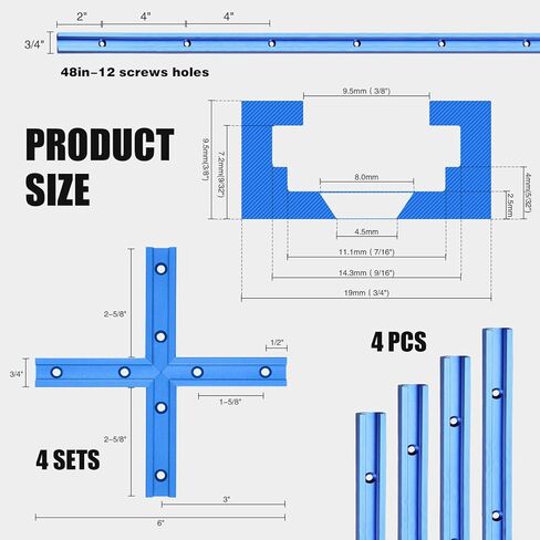 Zonon 4 Set 48'' T Track for Woodworking and T Track Intersection Kit with Predrilled Mounting Holes Wood Screw Double Cut Profile Universal T Track Accessory Aluminum T Rail Track Woodworking Tool in Saudi Arabia