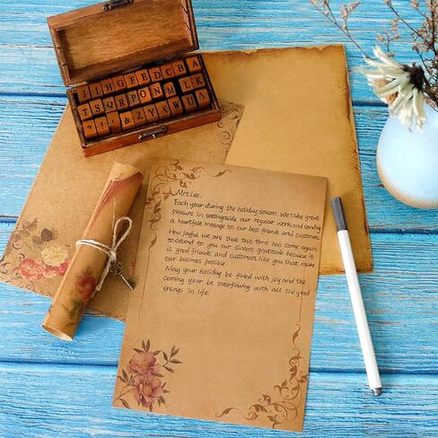 WOPODI 64 Pieces Kraft Writing Paper, 8 Patterns Vintage Floral Writing Stationery Papers Brown A5 Envelopes Mail Paper Double-side Letter Stationery Set for Writing Creative Poems Lyrics Notes in Kuwait