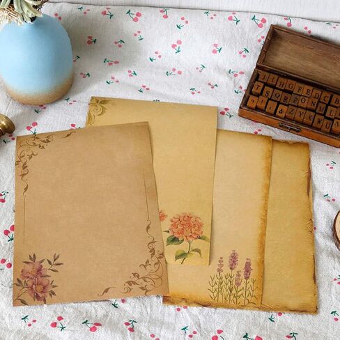 WOPODI 64 Pieces Kraft Writing Paper, 8 Patterns Vintage Floral Writing Stationery Papers Brown A5 Envelopes Mail Paper Double-side Letter Stationery Set for Writing Creative Poems Lyrics Notes in Kuwait