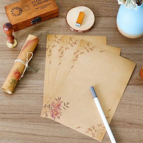 WOPODI 64 Pieces Kraft Writing Paper, 8 Patterns Vintage Floral Writing Stationery Papers Brown A5 Envelopes Mail Paper Double-side Letter Stationery Set for Writing Creative Poems Lyrics Notes in Kuwait