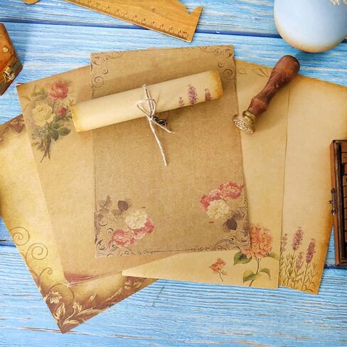 WOPODI 64 Pieces Kraft Writing Paper, 8 Patterns Vintage Floral Writing Stationery Papers Brown A5 Envelopes Mail Paper Double-side Letter Stationery Set for Writing Creative Poems Lyrics Notes in Kuwait