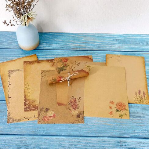 WOPODI 64 Pieces Kraft Writing Paper, 8 Patterns Vintage Floral Writing Stationery Papers Brown A5 Envelopes Mail Paper Double-side Letter Stationery Set for Writing Creative Poems Lyrics Notes in Kuwait