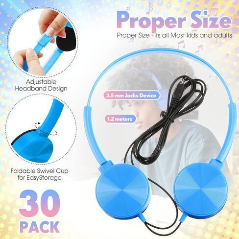 30 Pack Classroom Headphones Bulk Kids Headphones Student Headphones Wired Class over Head Earbud on Ear Set with 3.5 mm Plug 10 Colors Adjustable with Microphone Headset Earphone for Library in Saudi Arabia
