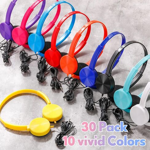 30 Pack Classroom Headphones Bulk Kids Headphones Student Headphones Wired Class over Head Earbud on Ear Set with 3.5 mm Plug 10 Colors Adjustable with Microphone Headset Earphone for Library in Saudi Arabia