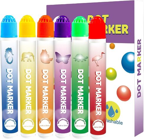 علامات نقطية من Blimark للأطفال الصغار 1 2 3 4 5 سنوات، قابلة للغسل، غير سامة، خالية من الأحماض للأطفال - مجموعة من 6 ألوان زاهية، 120 مل، بدون فوضى، نشاط فني ممتع in Saudi Arabia