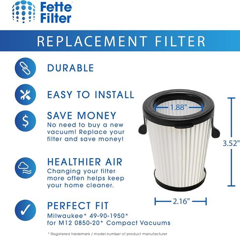 49-90-1950 HEPA Filter Replacement Compatible with Milwaukee 49-90-1950 HEPA Filter Replacement for M12 0850-20 Compact Vacuum. Includes 2 Premium Replacemnts. in Saudi Arabia