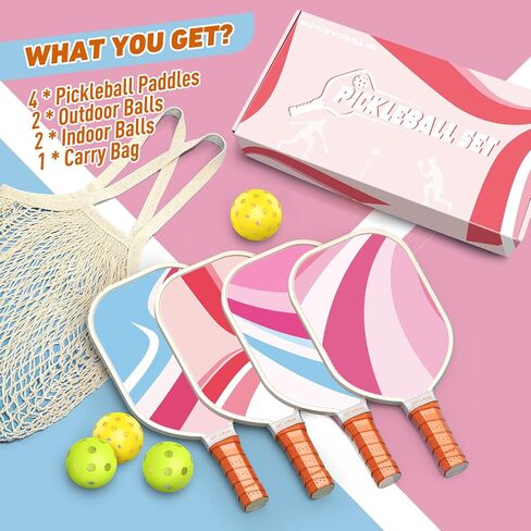 Sprypals Pink Pickleball Paddles, USAPA Approved Pickleball Set of 4 with 4 Pickleball Balls and 1 Carry Bag Premium Wood Pickleball Rackets with Ergonomic Grip for Beginner & Pros Gifts for Women Men in Saudi Arabia