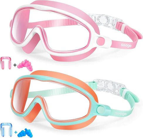 Seago 2 Pack Kids Goggles for Swimming No Leaking Anti-Fog Outer Eye Fit with Wide View UV Protection Crystal Clear Watertight Swim Goggles with nose cover Suitable for Youth Girls Boys Age 3 to 15 in Saudi Arabia
