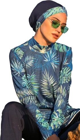 Burkini Swimsuit for Women, Modest Swimsuits, Easy Dry, Blue Floral Design 3 Pieces with Scarf – by Huma&Hazel in Saudi Arabia