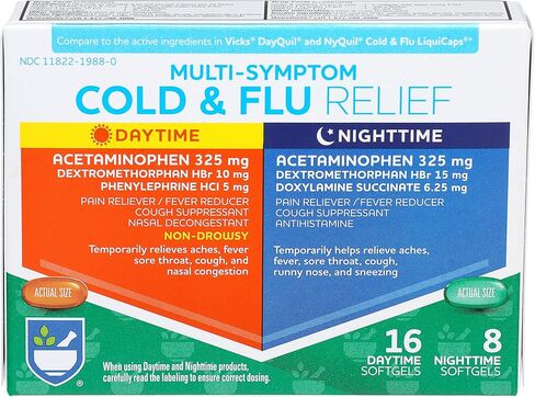 Rite Aid Daytime and Nighttime Cold and Flu Medicine | Cold and Flu Relief | Combo Pack | Cold Medicine Adults | Sinus Relief, Mucus Relief, Sinus Pressure Relief, & Sore Throat Relief (24 Count) in Kuwait
