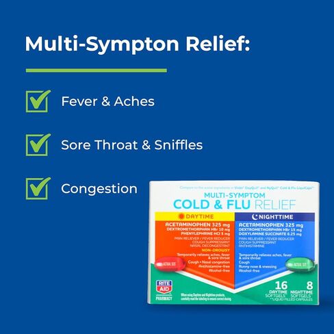 Rite Aid Daytime and Nighttime Cold and Flu Medicine | Cold and Flu Relief | Combo Pack | Cold Medicine Adults | Sinus Relief, Mucus Relief, Sinus Pressure Relief, & Sore Throat Relief (24 Count) in Kuwait