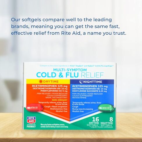 Rite Aid Daytime and Nighttime Cold and Flu Medicine | Cold and Flu Relief | Combo Pack | Cold Medicine Adults | Sinus Relief, Mucus Relief, Sinus Pressure Relief, & Sore Throat Relief (24 Count) in Kuwait