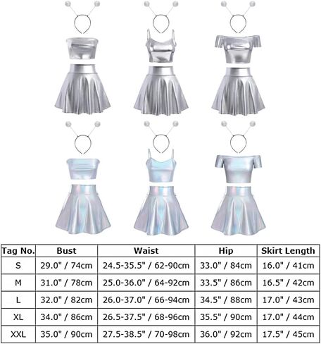 IWEMEK Alien Costume Women Metallic Holographic Flared Skirt Shiny Crop Tank Top with Alien Headband Antenna Ball Bopper 3PCS in Saudi Arabia
