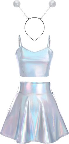 IWEMEK Alien Costume Women Metallic Holographic Flared Skirt Shiny Crop Tank Top with Alien Headband Antenna Ball Bopper 3PCS in Saudi Arabia