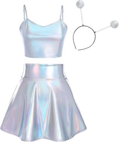 IWEMEK Alien Costume Women Metallic Holographic Flared Skirt Shiny Crop Tank Top with Alien Headband Antenna Ball Bopper 3PCS in Saudi Arabia