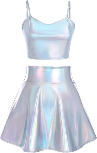 IWEMEK Alien Costume Women Metallic Holographic Flared Skirt Shiny Crop Tank Top with Alien Headband Antenna Ball Bopper 3PCS in Saudi Arabia
