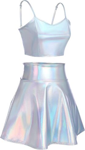 IWEMEK Alien Costume Women Metallic Holographic Flared Skirt Shiny Crop Tank Top with Alien Headband Antenna Ball Bopper 3PCS in Saudi Arabia