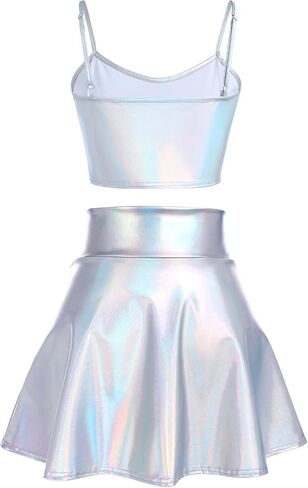 IWEMEK Alien Costume Women Metallic Holographic Flared Skirt Shiny Crop Tank Top with Alien Headband Antenna Ball Bopper 3PCS in Saudi Arabia