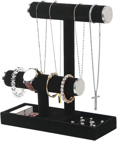 منظم حامل سوار القلادة من طبقتين من Julysky مع حامل عرض مجوهرات بصينية حلقية، حامل مجوهرات لساعات Scrunchie قابل للفصل (أسود) in Kuwait