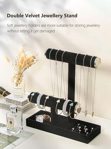 منظم حامل سوار القلادة من طبقتين من Julysky مع حامل عرض مجوهرات بصينية حلقية، حامل مجوهرات لساعات Scrunchie قابل للفصل (أسود) in Kuwait