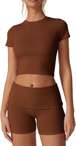 QINSEN Women's 2 Piece Outfits Lounge Sets Slim Fitted Short Sleeve Crop Tops Fold Over Shorts Casual Comfy Trasuits in Saudi Arabia