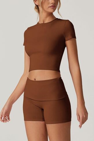 QINSEN Women's 2 Piece Outfits Lounge Sets Slim Fitted Short Sleeve Crop Tops Fold Over Shorts Casual Comfy Trasuits in Saudi Arabia