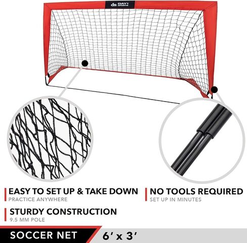 Soccer Goal by Day 1 Sports – 5 OPTIONS TO CHOOSE FROM (4’x3’, 6’x3’, 9’x5’, 12’x6’ OR 4 PC SET) – Includes 5 Ground Stakes and Carrying Bag – Portable Practice Net, Easy Set Up in Saudi Arabia