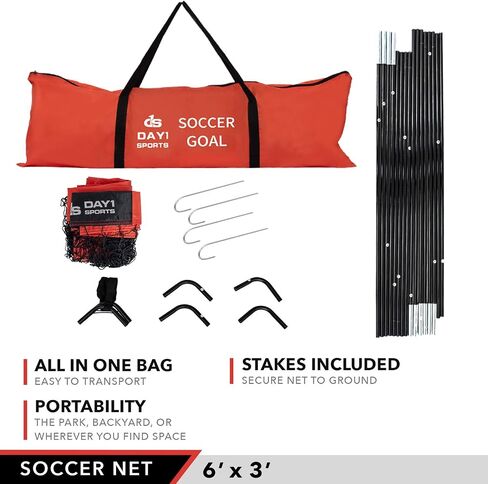 Soccer Goal by Day 1 Sports – 5 OPTIONS TO CHOOSE FROM (4’x3’, 6’x3’, 9’x5’, 12’x6’ OR 4 PC SET) – Includes 5 Ground Stakes and Carrying Bag – Portable Practice Net, Easy Set Up in Saudi Arabia