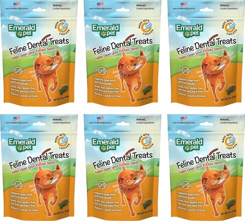 Emerald Pet 6 Pack Feline Dental Treats, 3 Ounces Each, Grain-Free Cat Treats Made in The USA (6 Pack Tuna) in Saudi Arabia