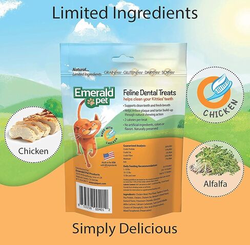 Emerald Pet 6 Pack Feline Dental Treats, 3 Ounces Each, Grain-Free Cat Treats Made in The USA (6 Pack Tuna) in Saudi Arabia