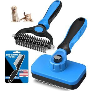 Professional 3PCS Self Cleaning Slicker Brush & Pet Grooming Rake & Flea Comb for Dogs,Cats and Horses | Double-Sided Dematting Comb & Skin Friendly Deshedding Grooming Tool | Pet Supplies (Blue) in Kuwait