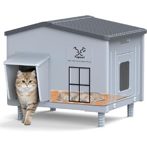 17.7"x17"x17.5" Indestructible Heated Cat House for Outside Winter, Weatherproof Outside Cats Shelter with Safety Escape Doors and Heating Pads, Elevated Feral Cat House for Wild and Stray Cats in Kuwait