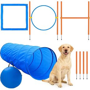 XiaZ Dog Agility Course Backyard Set, Dog Obstacle Course Training Starter Kit Pet Outdoor Game with Tunnel, Agility Hurdle, Weave Poles, Jump Ring, Pause Box, Collapsible Dog Bowls and Storage Bag in Kuwait