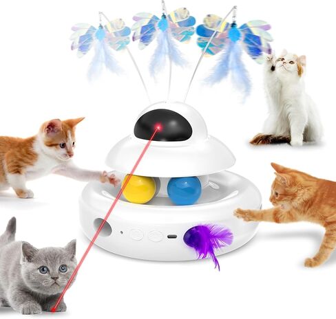 MOHAYA Cat Toys，4-in-1 Interactive Cat Toy for Indoor Cats with Laser, Fluttering Butterfly, Moving Feather and Track Balls - USB Rechargeable Self-Play Kitten Toy (White) in Saudi Arabia