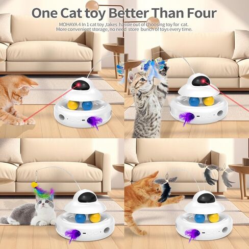 MOHAYA Cat Toys，4-in-1 Interactive Cat Toy for Indoor Cats with Laser, Fluttering Butterfly, Moving Feather and Track Balls - USB Rechargeable Self-Play Kitten Toy (White) in Saudi Arabia