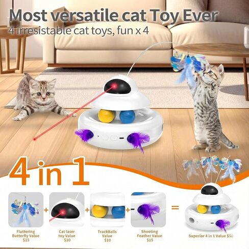 MOHAYA Cat Toys，4-in-1 Interactive Cat Toy for Indoor Cats with Laser, Fluttering Butterfly, Moving Feather and Track Balls - USB Rechargeable Self-Play Kitten Toy (White) in Saudi Arabia