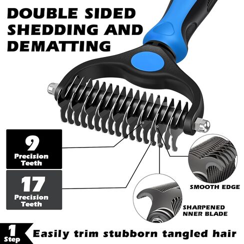 Professional 3PCS Self Cleaning Slicker Brush & Pet Grooming Rake & Flea Comb for Dogs,Cats and Horses | Double-Sided Dematting Comb & Skin Friendly Deshedding Grooming Tool | Pet Supplies (Blue) in Kuwait