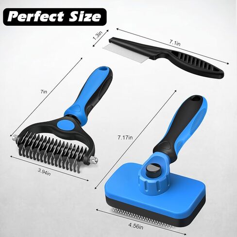 Professional 3PCS Self Cleaning Slicker Brush & Pet Grooming Rake & Flea Comb for Dogs,Cats and Horses | Double-Sided Dematting Comb & Skin Friendly Deshedding Grooming Tool | Pet Supplies (Blue) in Kuwait