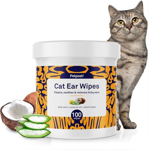 Petpost | Cat Ear Cleaner Wipes - Ultra Soft Cotton Pads in Coconut Oil Solution - Treatment for Removing Cat Ear Dirt & Wax 100 ct. in Kuwait
