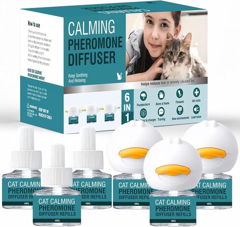 Cat Calming Diffuser 6 in 1 Multicat Calming Pheromones Diffusers Relief Stress Anxiety Fighting Scratching 90 Days Calm Relaxing Pheromone for Cats kit 48ml Refill Fits All Common Diffuser Plug In in Kuwait
