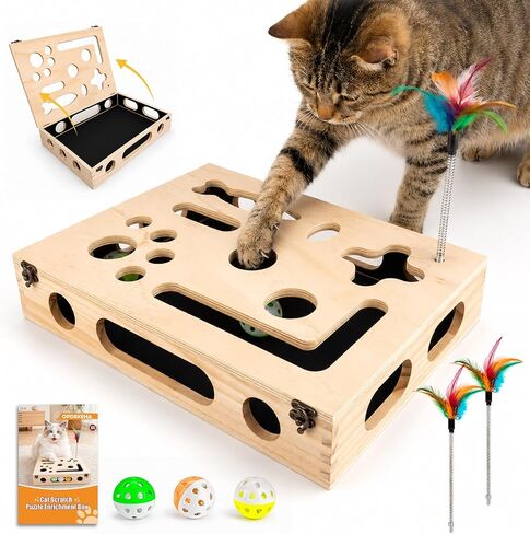 Cat Scratch Puzzle Enrichment Box, Interactive Cat Toy for 3 Balls & 2 Wand in Saudi Arabia