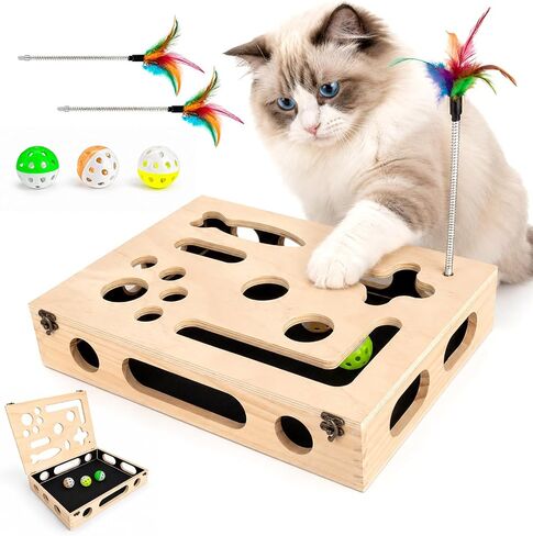 Cat Scratch Puzzle Enrichment Box, Wooden Interactive Toy for Indoor Cat in Saudi Arabia