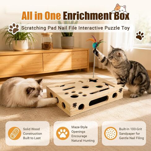 Cat Scratch Puzzle Enrichment Box, Wooden Interactive Toy for Indoor Cat in Saudi Arabia