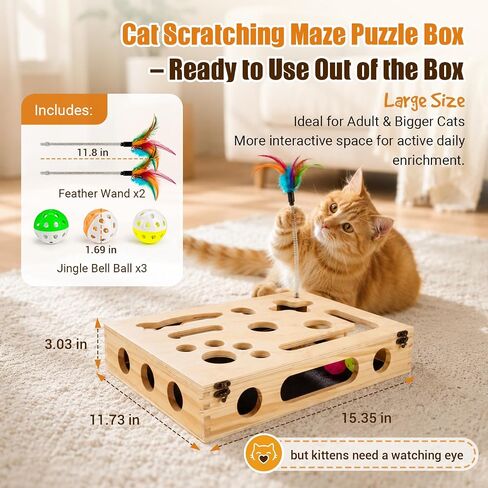 Cat Scratch Puzzle Enrichment Box, Wooden Interactive Toy for Indoor Cat in Saudi Arabia