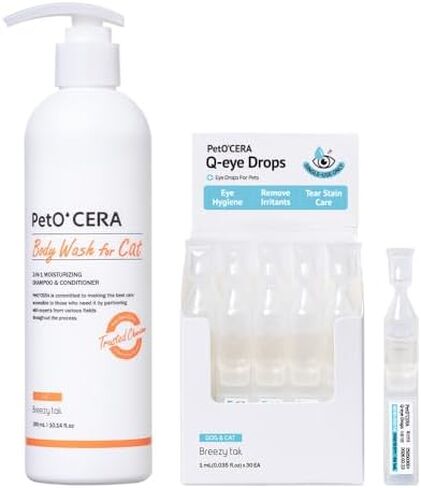 PetO’Cera Cat Care Bundle | Hypoallergenic Shampoo & Conditioner + Eye Drops | Moisturizing, Soothing & Veterinarian Approved | Lubricating Eye Drops | Complete Cat Skin, Coat & Eyes Solution in Kuwait