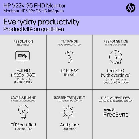 شاشة HP V22v G5 FHD، تقنية AMD FreeSync، دعم HDCP لـ HDMI (V22v G5، أسود) in Kuwait