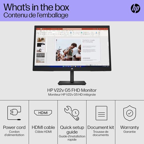 شاشة HP V22v G5 FHD، تقنية AMD FreeSync، دعم HDCP لـ HDMI (V22v G5، أسود) in Kuwait